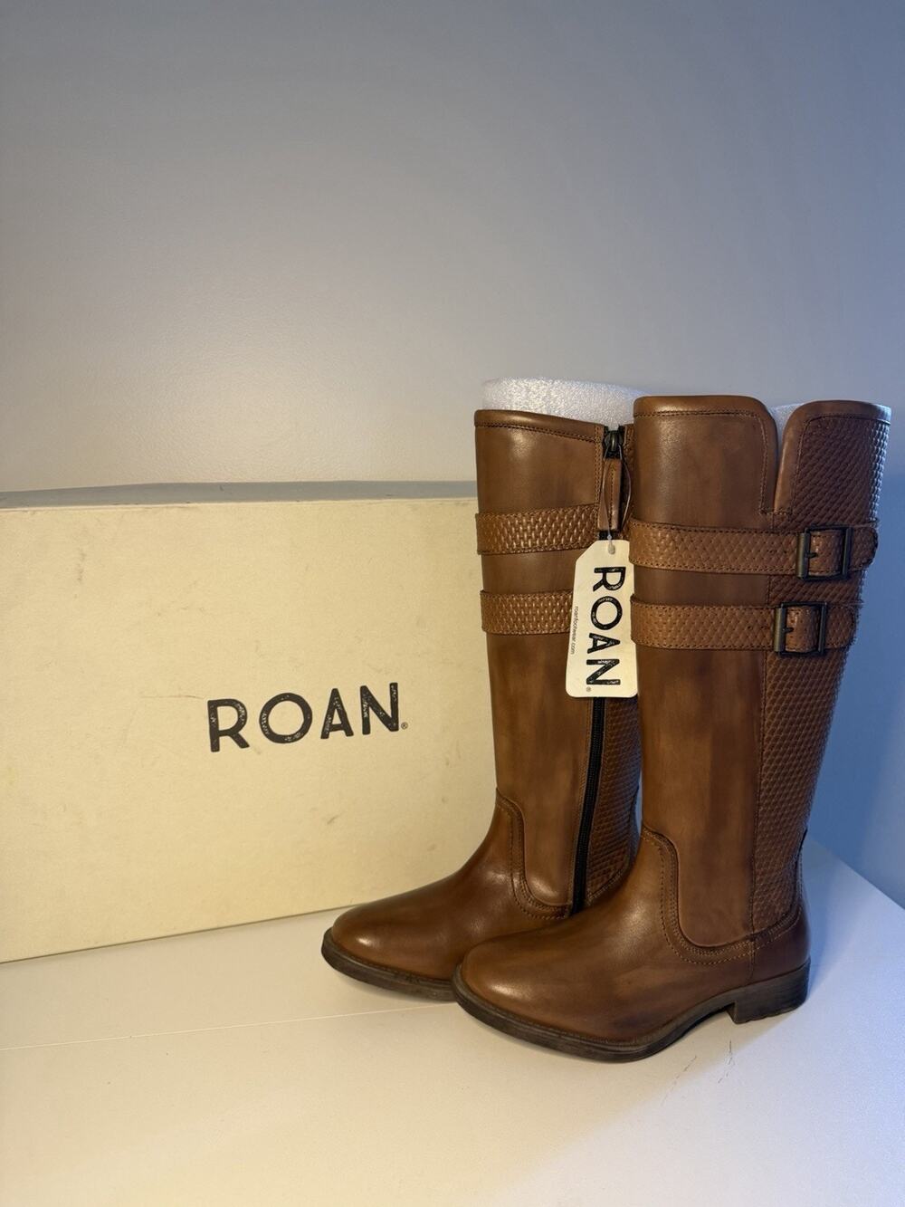 NWB Roan Boots Women’s 6 Cognac Leather Knee High Low Heel Belts Buckle Zip Side